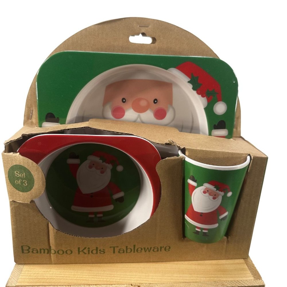 3 Piece Set Kid's Bamboo Santa Tablewear New In Package